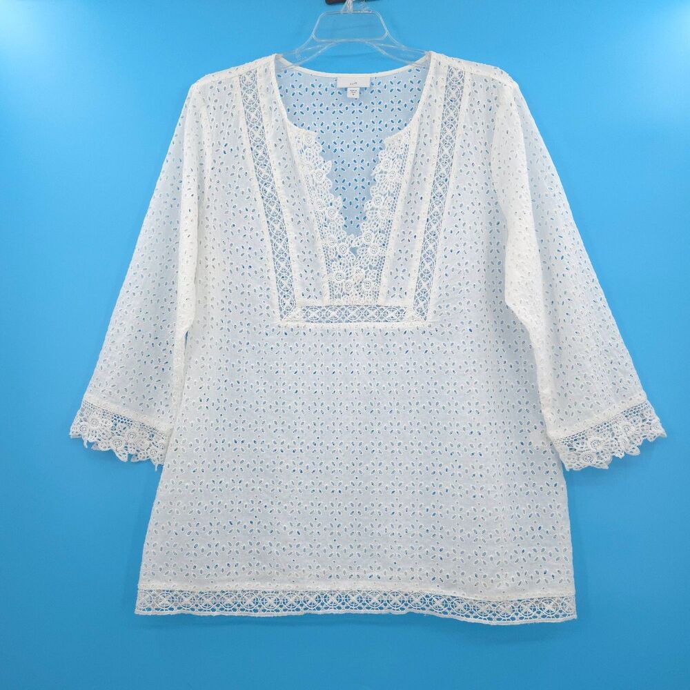 J. Jill Women's White‎ Eyelet Lace Popover Top Size M Split V-Neck 3/4 Sleeve